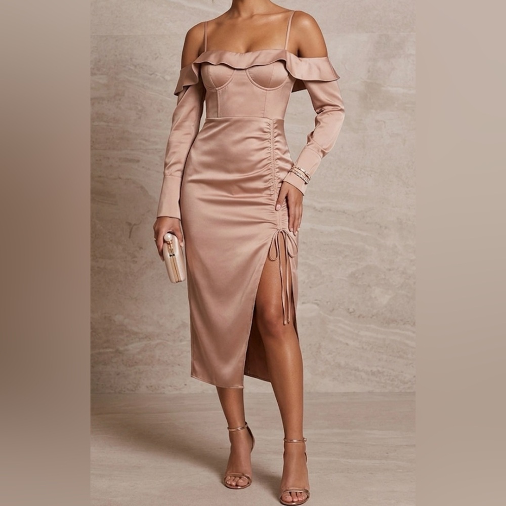 Camila Coelho Blush Pink Satin Bustier Cold Shoulder Midi Dress XXS Ruched Slit